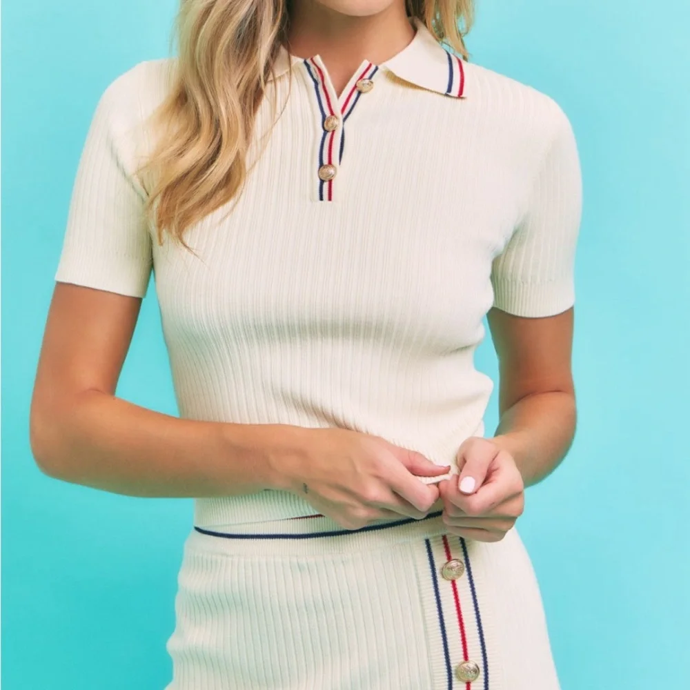 Knit Collar Two Piece Short Sleeve Top and Mini Skirt Matching Set - Picture 7 of 15